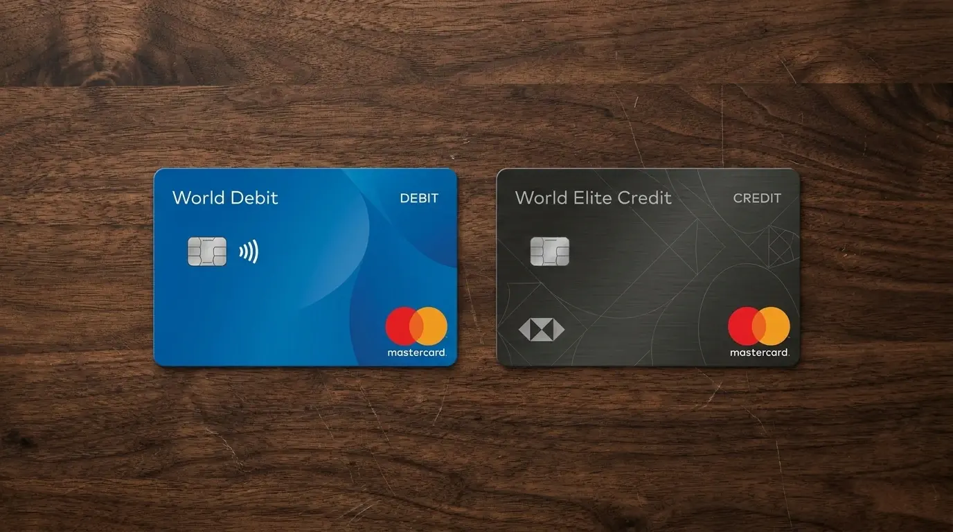 To Mastercard-kort side om side - et debitkort og et kreditkort på et skrivebord