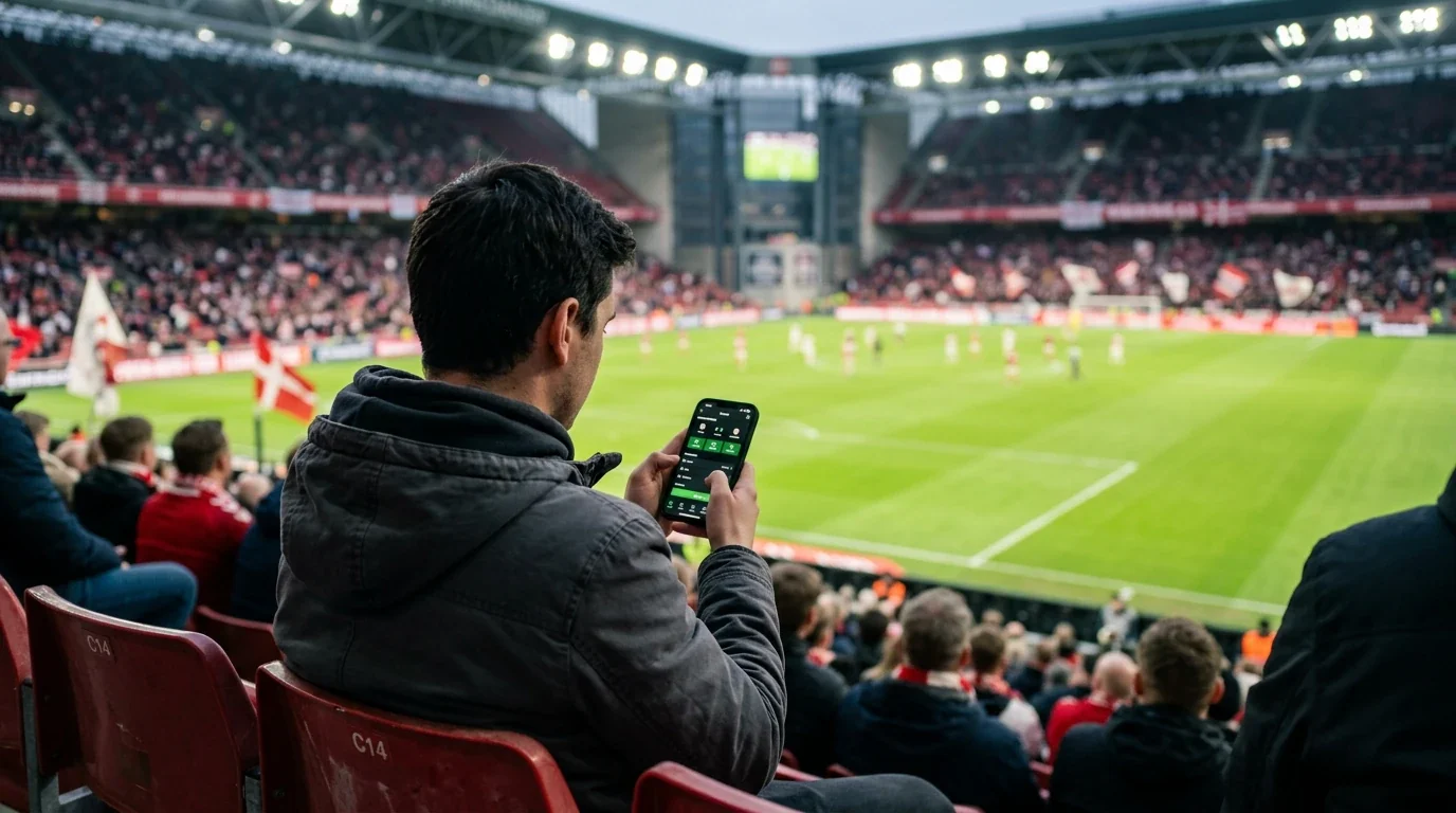 Tilskuer bruger telefon til mobil betting med Mastercard på et dansk stadion